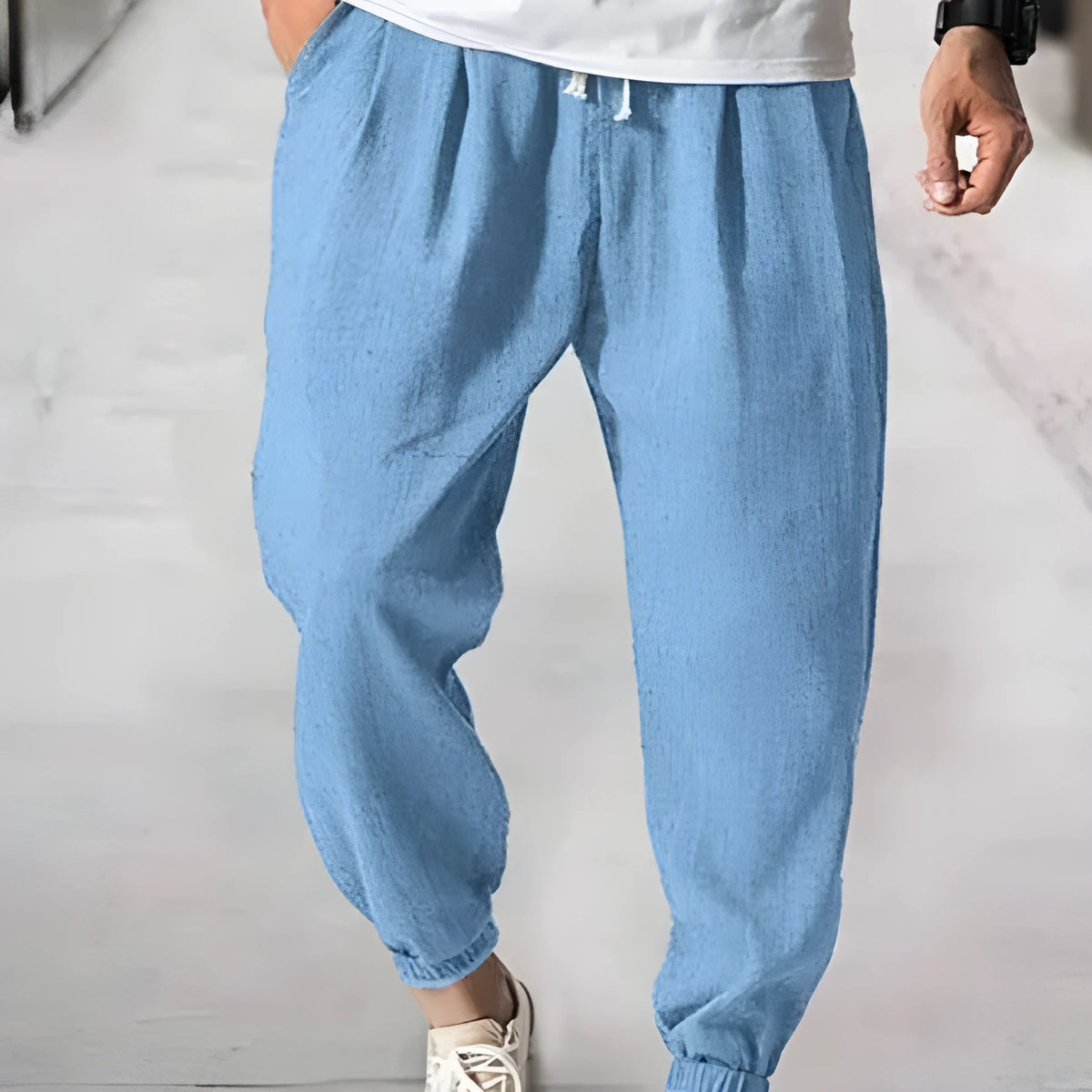 Men's casual cotton trousers with elastic ankle band in multiple colour options