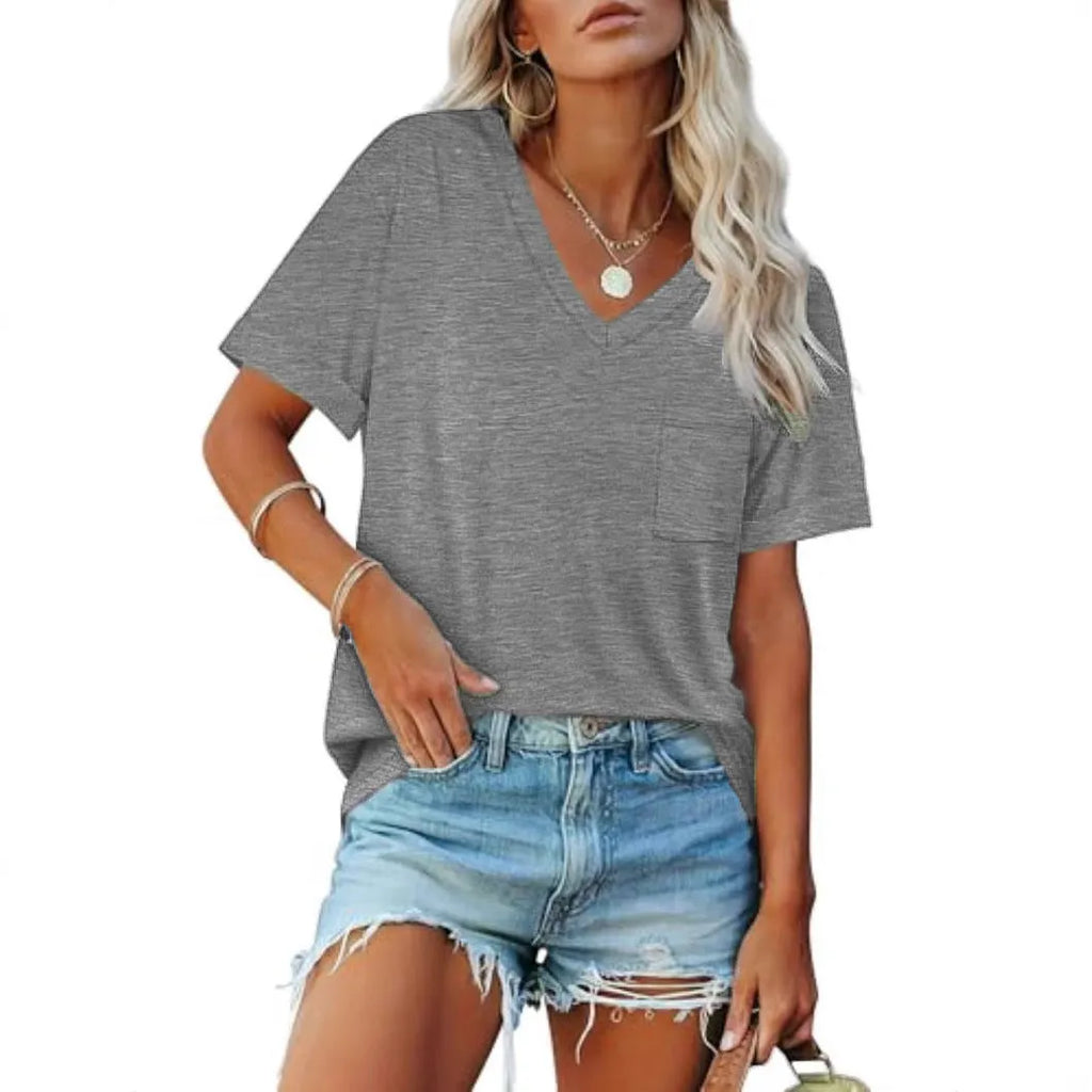 Grey loose fit V-neck T-shirt with pocket and short sleeves on hanger