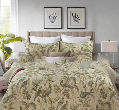 Blue cotton quilted bedspread set with American floral and bird pattern, size 230x250 cm.
