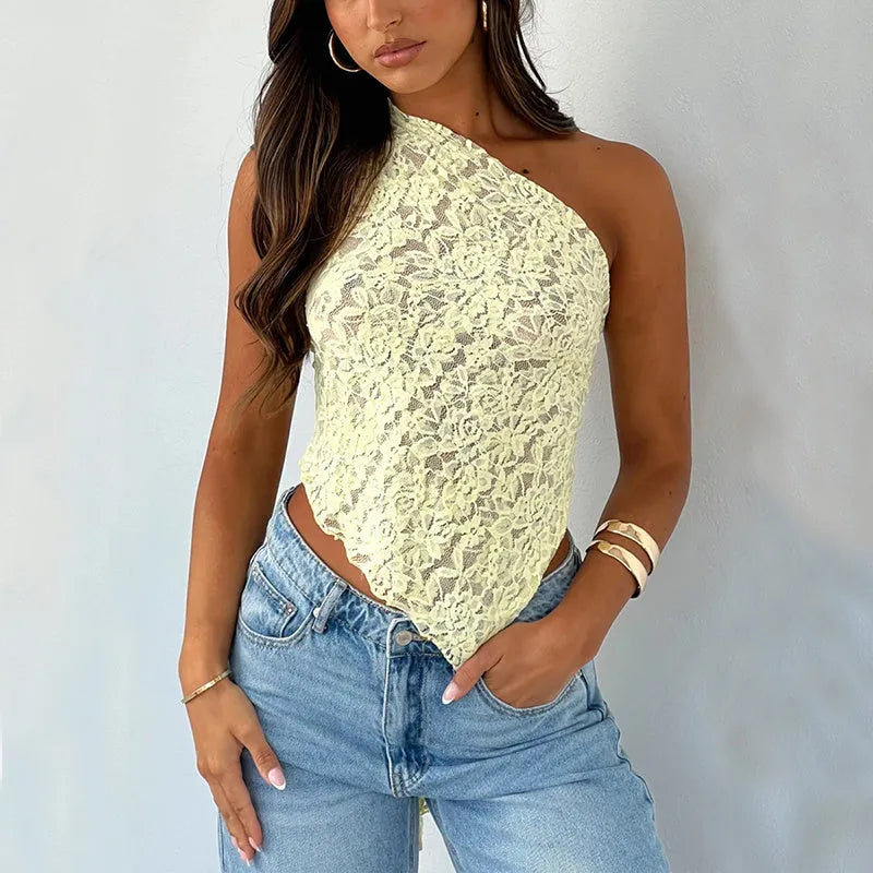 Womens lace backless sleeveless vest with asymmetrical neckline in solid colour