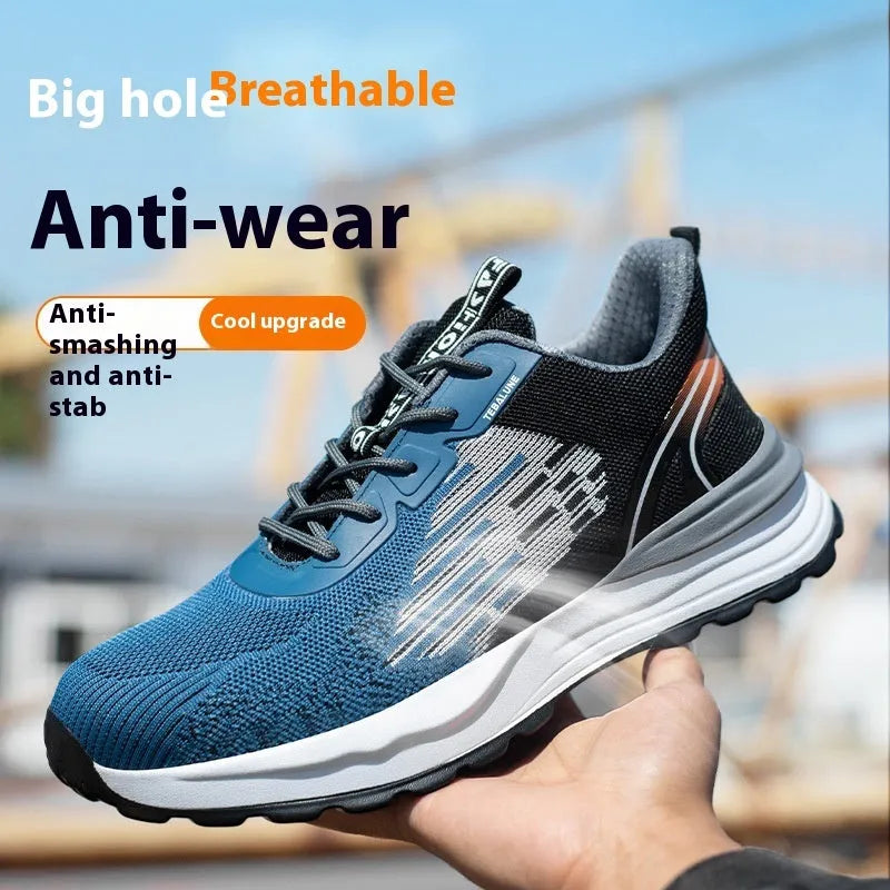 Blue men's low-top safety work shoes with mesh upper and plastic toe cap on a white background.