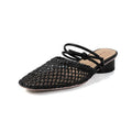 Women's black square toe slippers with hollow-out design and thick chunky heel