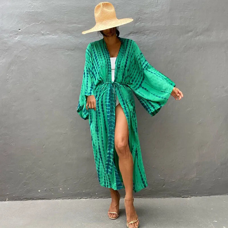 Cotton printed beach cover-up shirt with loose fit and 135cm length for sun protection