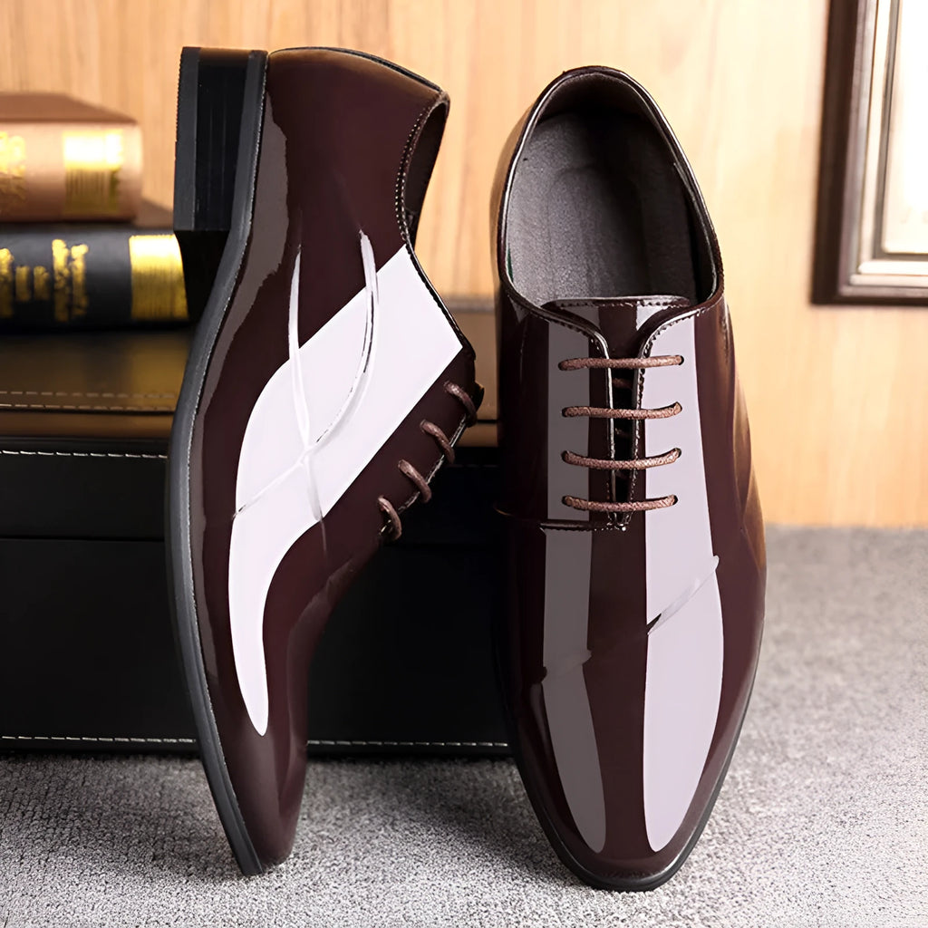 Men's black and brown business formal shoes with classic toe shape in artificial PU material