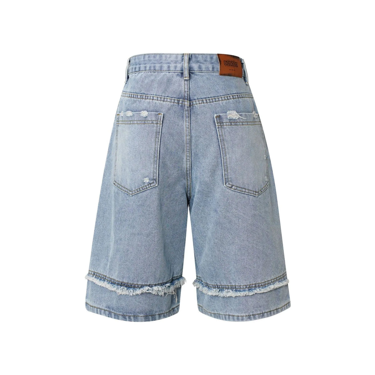 American Pu Shuai distressed raw edge denim shorts in black, shown front and back.