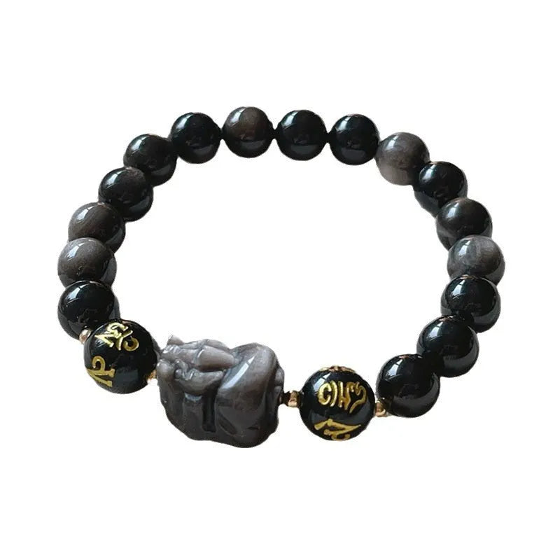 Men's silver stone bracelet with zodiac and proverb beads in Chinese style
