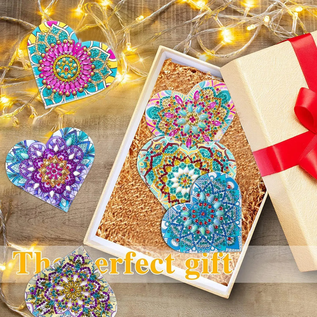 Six handmade PU leather bookmarks with stick-on crystals and decorative flower cornerite pieces