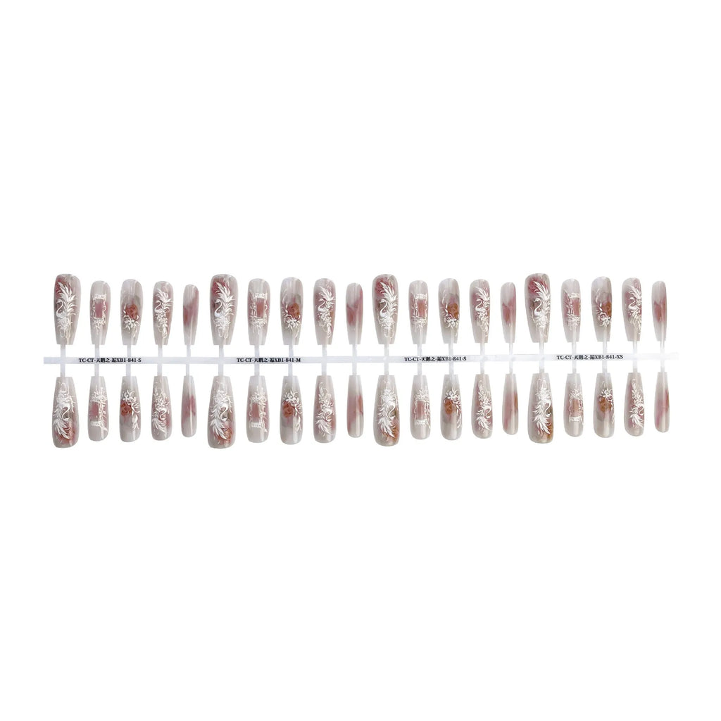 Antique swan relief embroidery press-on nail tips, 40pcs set in SMSXS, with matte or glossy finish options.