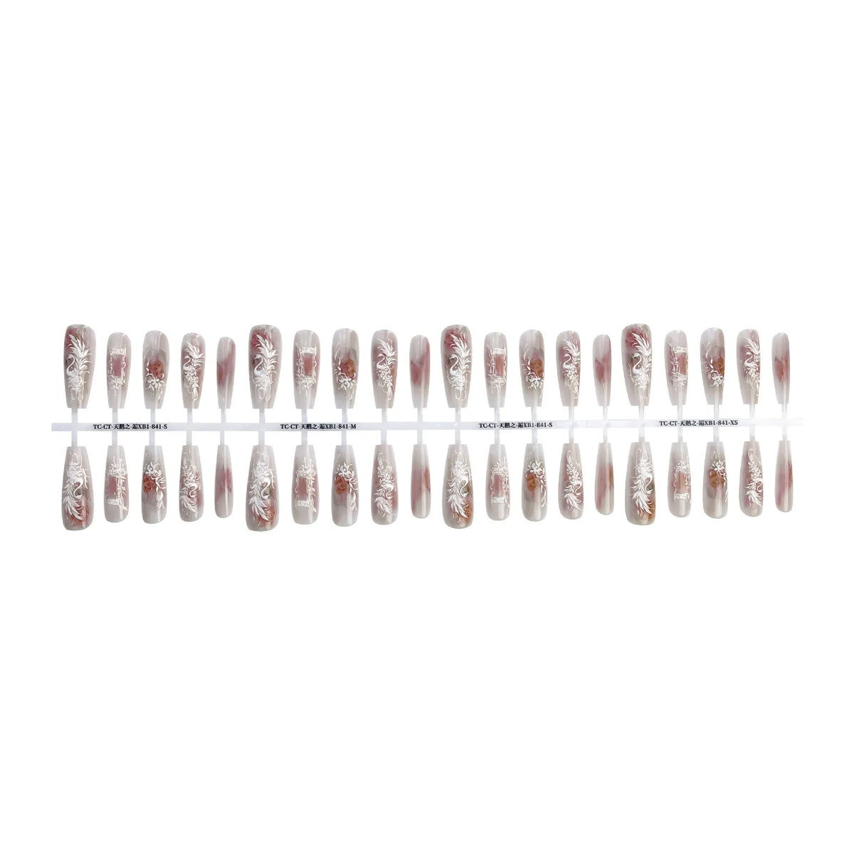 Antique swan relief embroidery press-on nail tips, 40pcs set in SMSXS, with matte or glossy finish options.