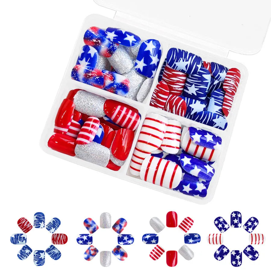 Box of red and blue glitter nail tips with Independence Day pattern and short square shape