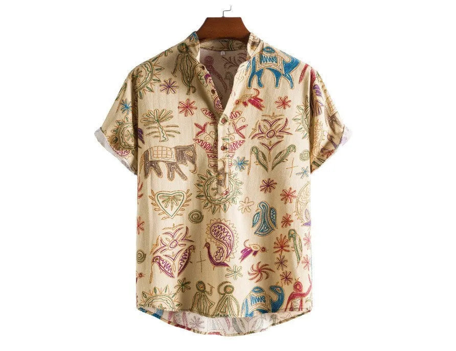 Plus size man wearing a loose fit casual shirt with a 3D digital printed pattern, cardigan style.