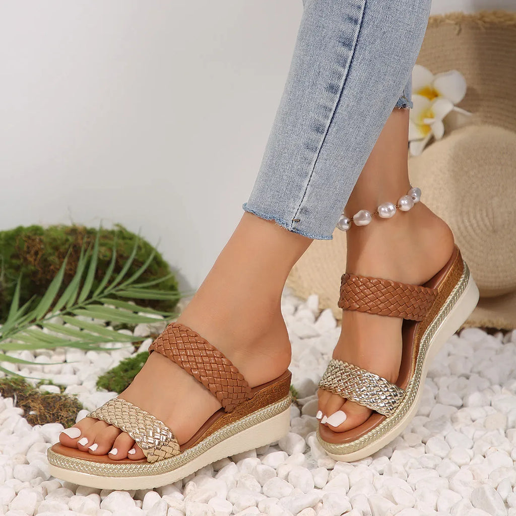 Gold and silver plus size wedge sandals for women available in sizes UK 36 to 43