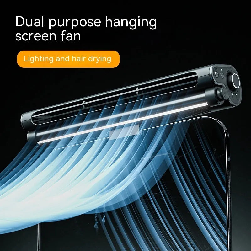 Black bladeless clip-on fan with LED light attached to laptop screen showing USB cable connection