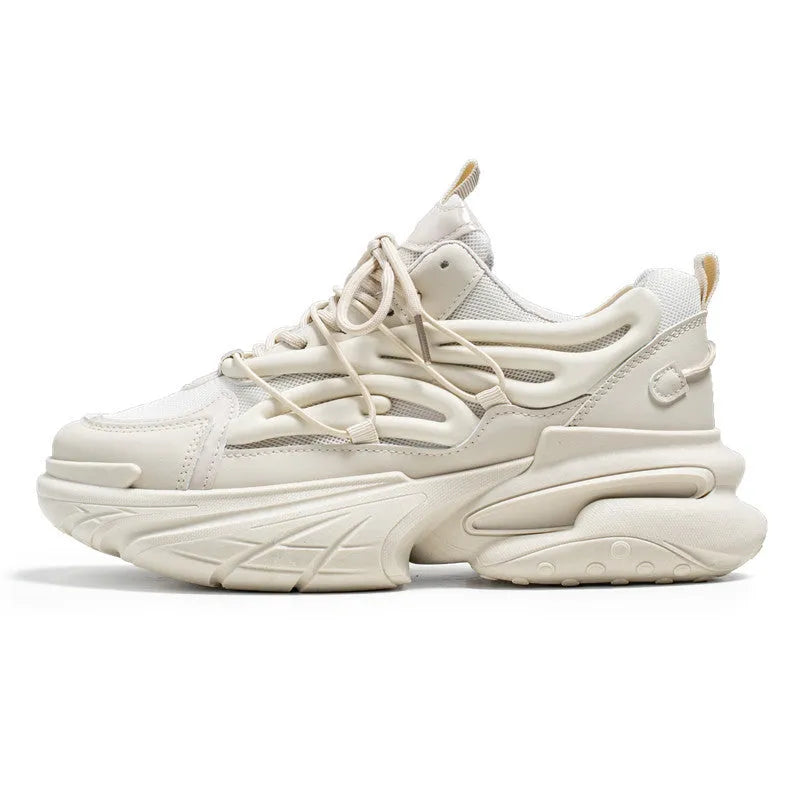 Men's beige mesh and PU leather sneakers with rubber soles and front lace-up closure