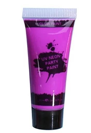 Close-up of a neon green face paint tube with hose applicator on a colourful design.