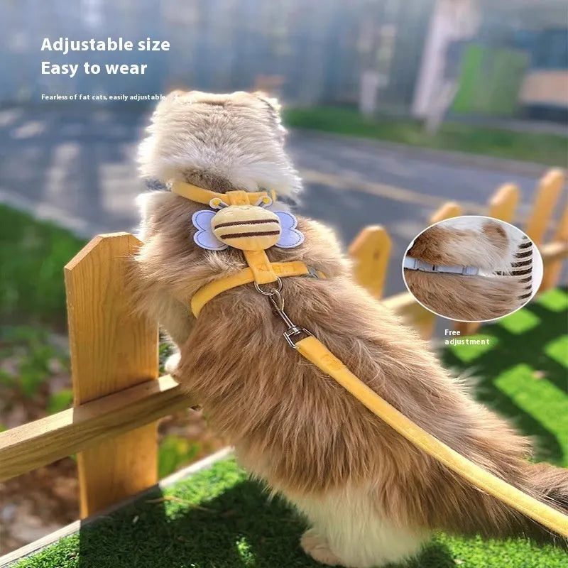 Bee shape adjustable cat leash harness in polyester material with strap and hand holding rope