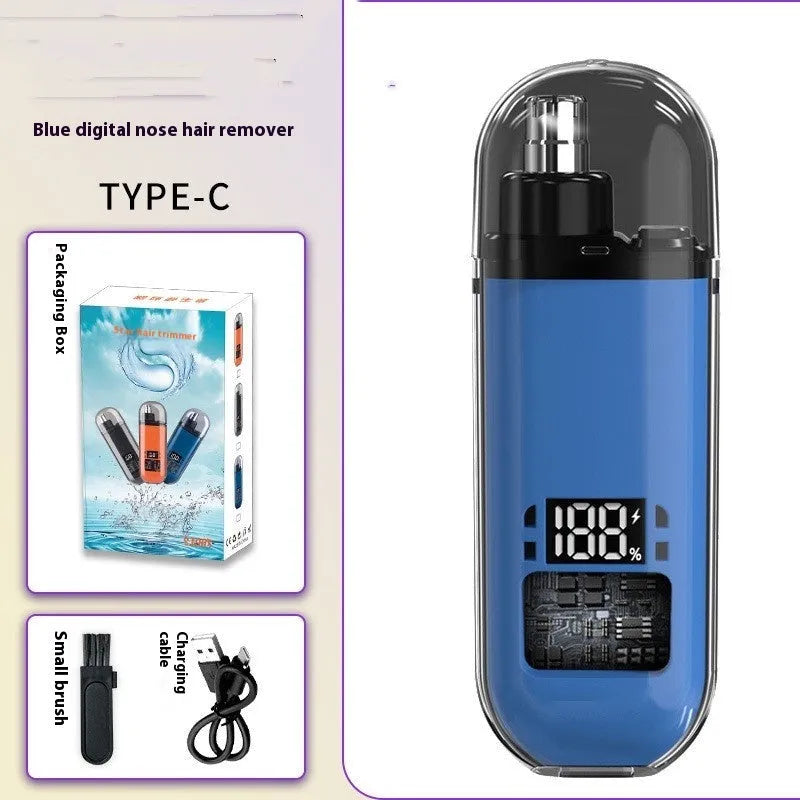 Rechargeable nose hair trimmer with digital display, removable cutter head, and cleaning brush on a white background.