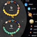 Two natural stone beaded bracelets with zodiac sign charms on adjustable string closures