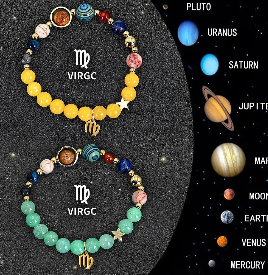 Two natural stone beaded bracelets with zodiac sign charms on adjustable string closures