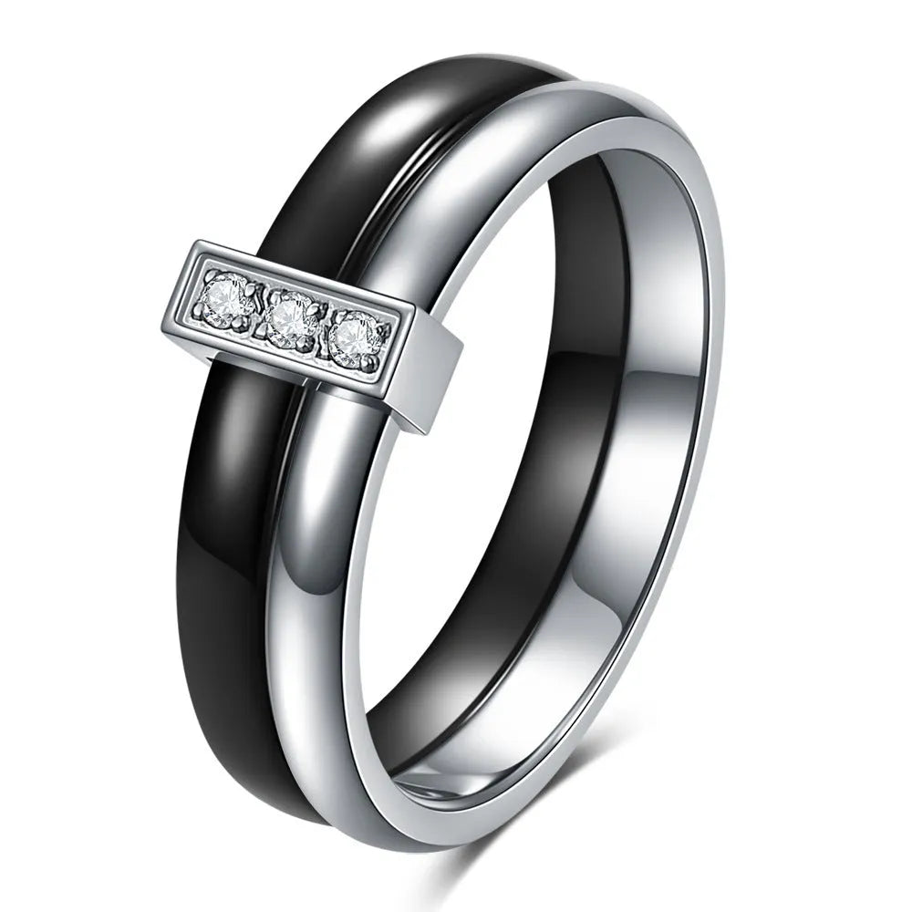 Women's 6mm ceramic ring with inlaid zirconium detailing in steel black or gold white colour