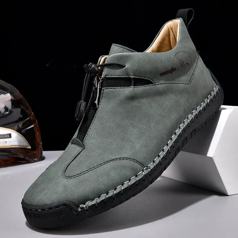 Men's casual leather shoes with mid heel for height increase in black, blue, green, or khaki colours