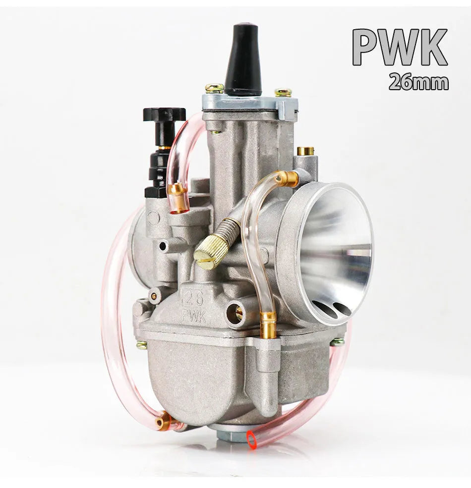 Sandblasted motorcycle carburettor with multiple bore size options for engine performance tuning.