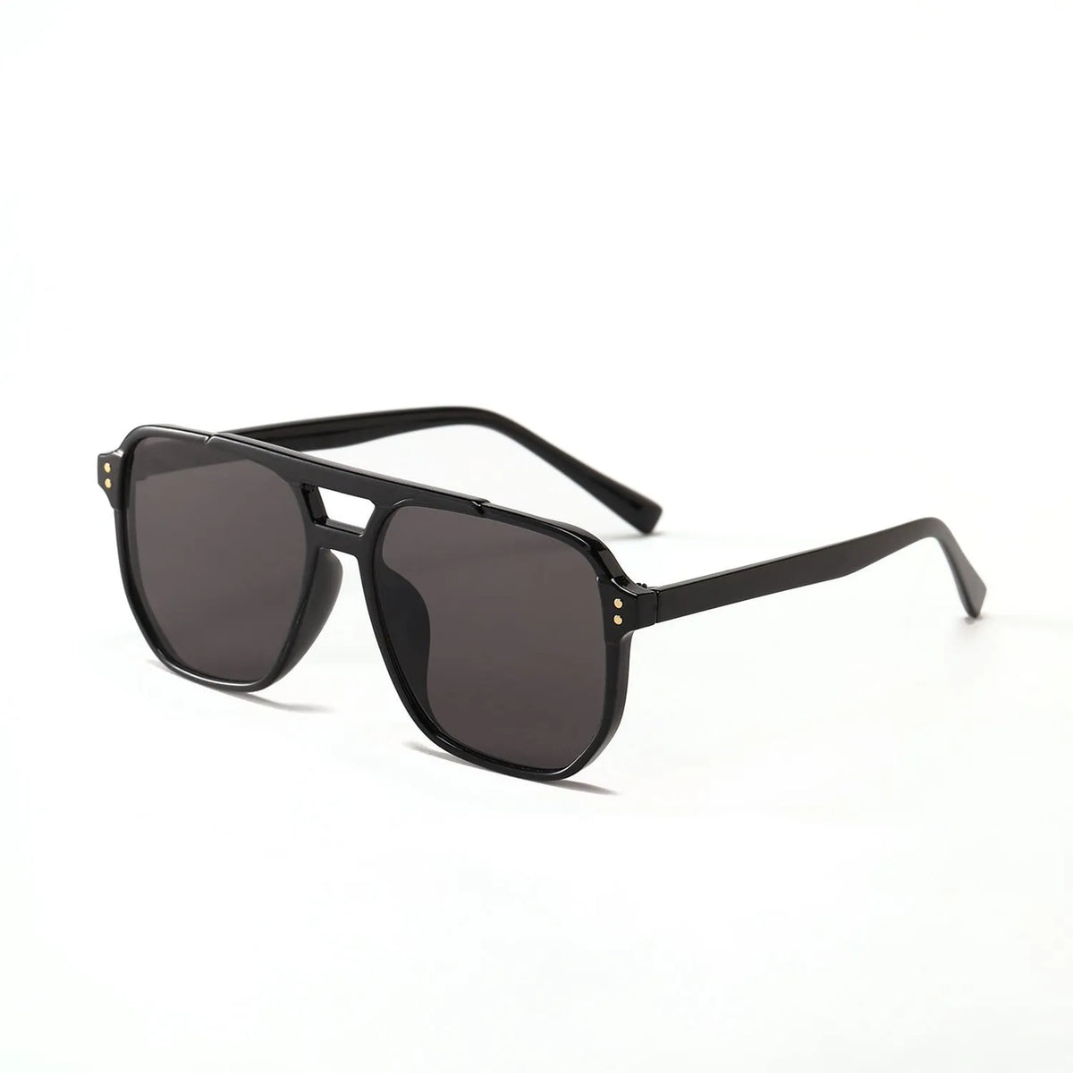 Square double beam fashion sunglasses for women in black framed pink lens colourway showing full-frame construction