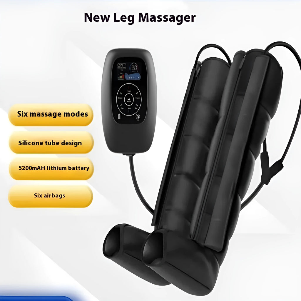 Air compression leg, arm, and waist massager set with handheld remote control on a table.