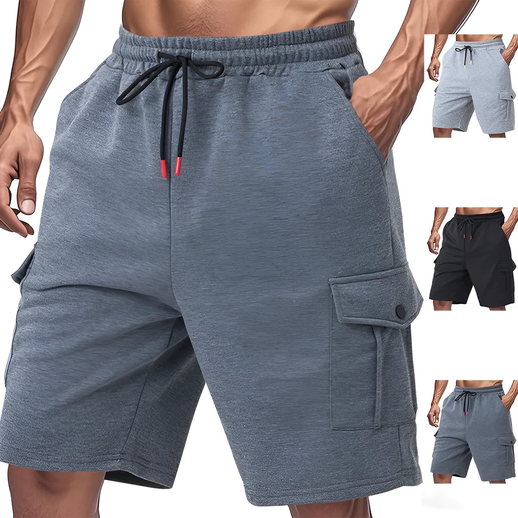 Men's terry fabric cargo shorts with multiple pockets in light grey colour