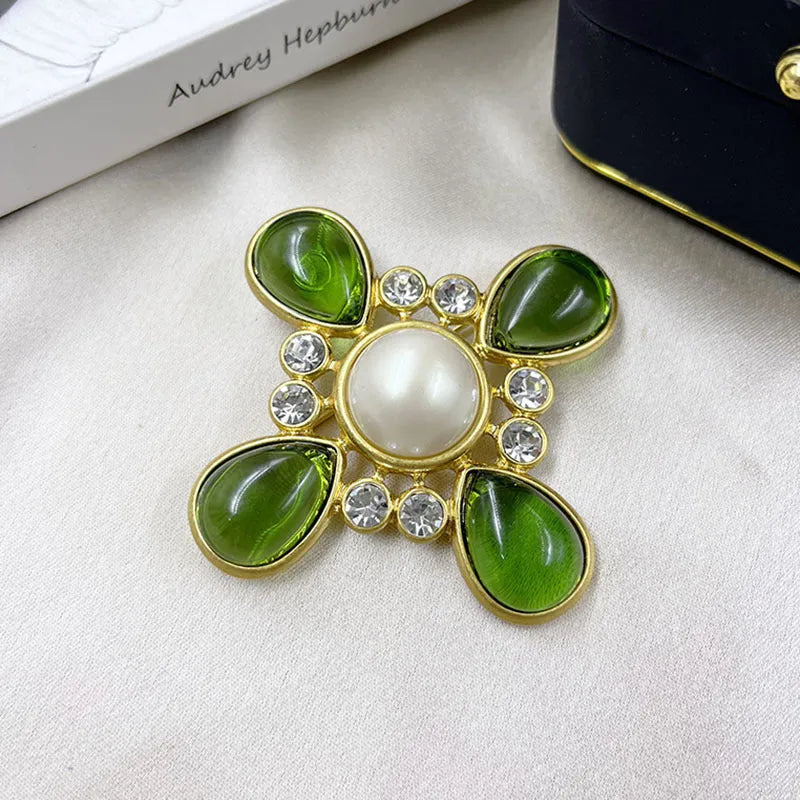 Vintage medieval baroque cross crystal brooch in zinc alloy showing eight colour style options