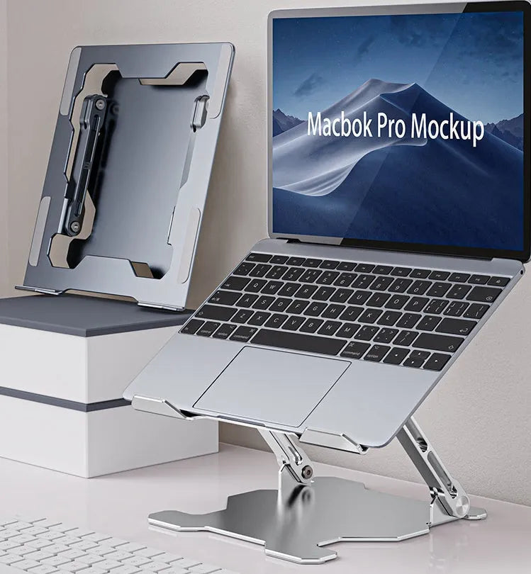 Grey adjustable aluminium laptop stand showing hollow construction and silicone protection pads