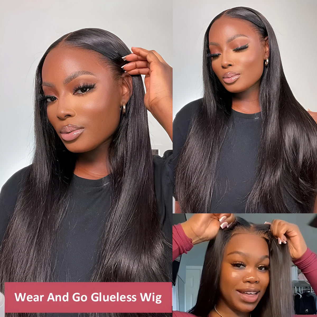 Straight human hair glueless wig with side bangs shown in various lengths