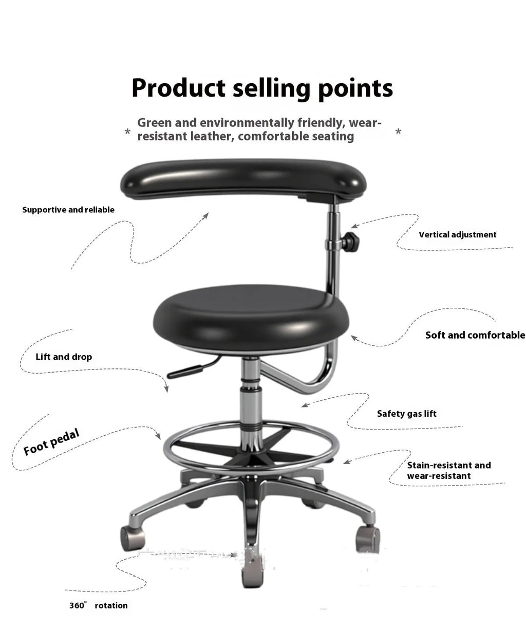 Black leather dental hospital chair with hydraulic height adjustment mechanism