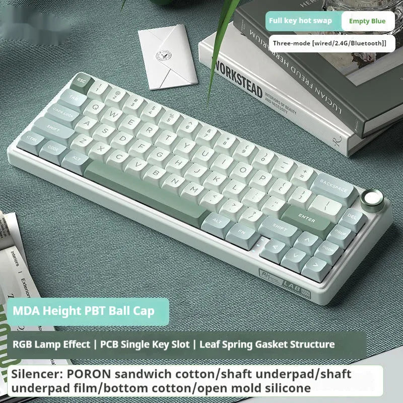White wireless mechanical keyboard with RGB backlighting on a desk.