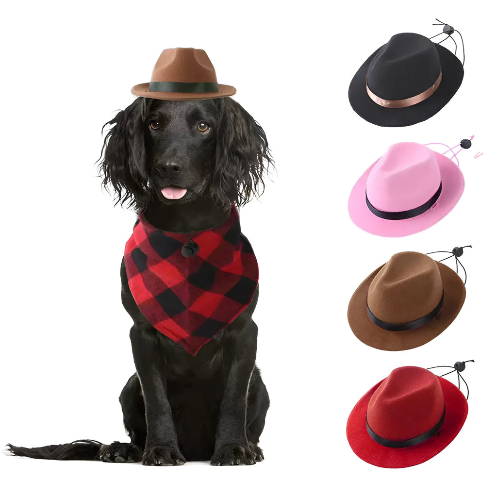 Small pink felt hat for a dog, hand-made with a denim style and monochrome pattern.