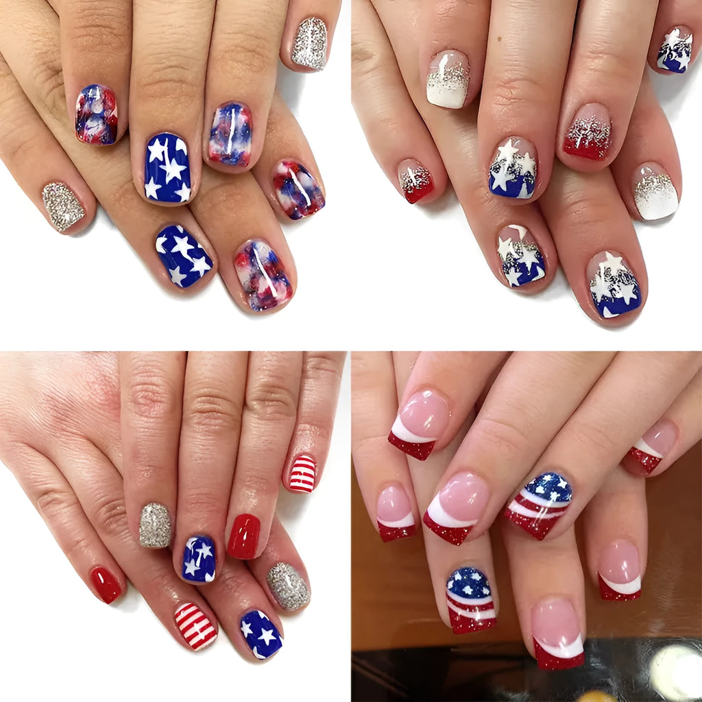American Independence Day false nail set with 5-point star designs in European square short nail format