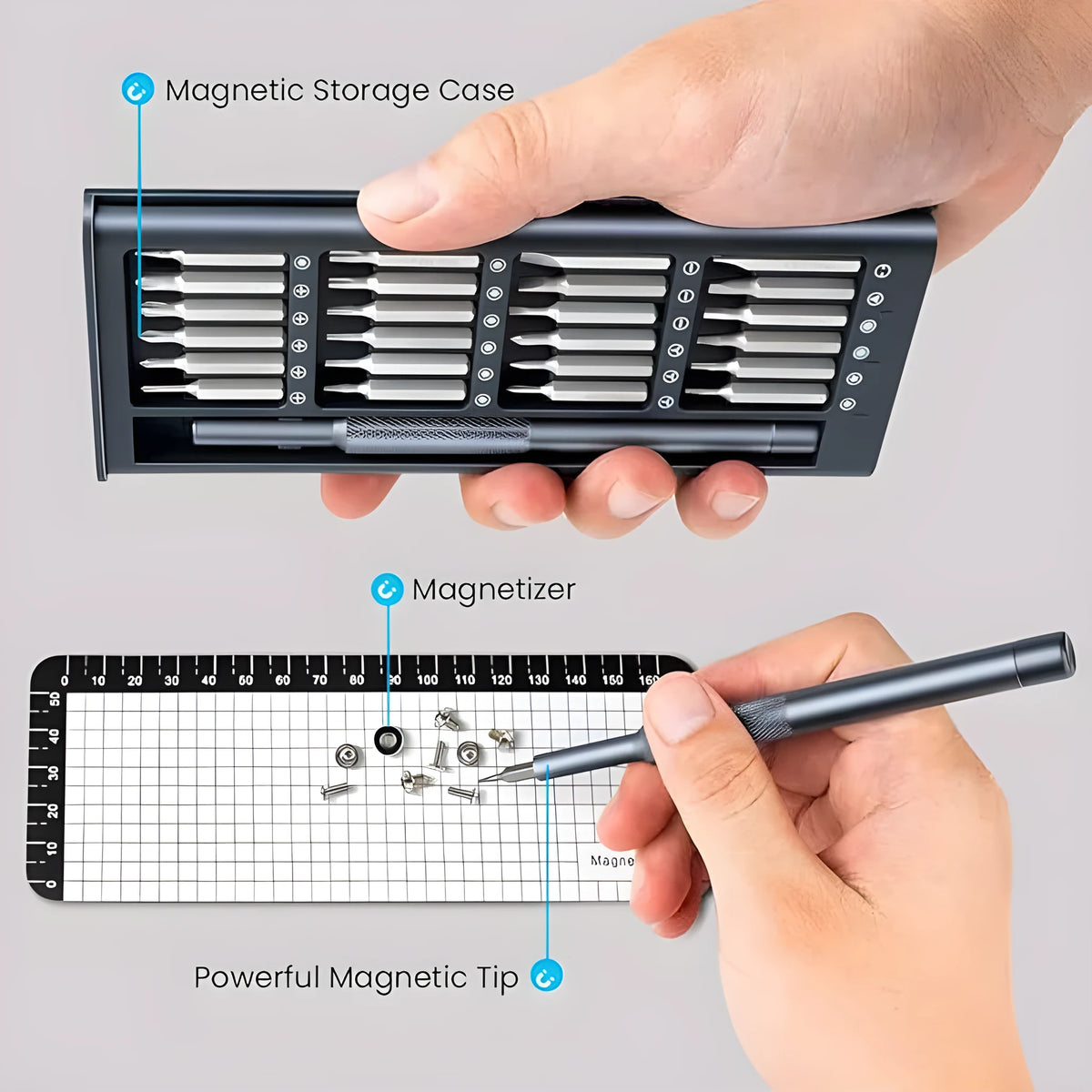 25-in-1 magnetic precision screwdriver set with knurled handle, showing multiple bit types.