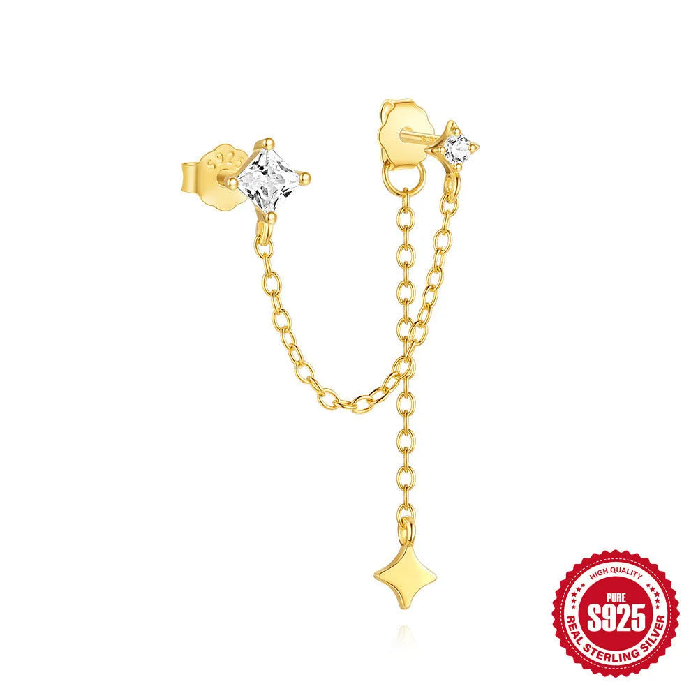 S925 sterling silver double ear piercing zircon chain stud earrings in gold tone geometric design