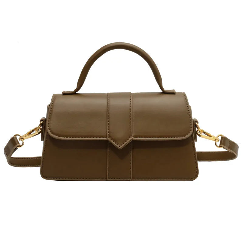 Women's beige PU messenger bag showing front view with sandwich pocket, 22cm width, and handle.