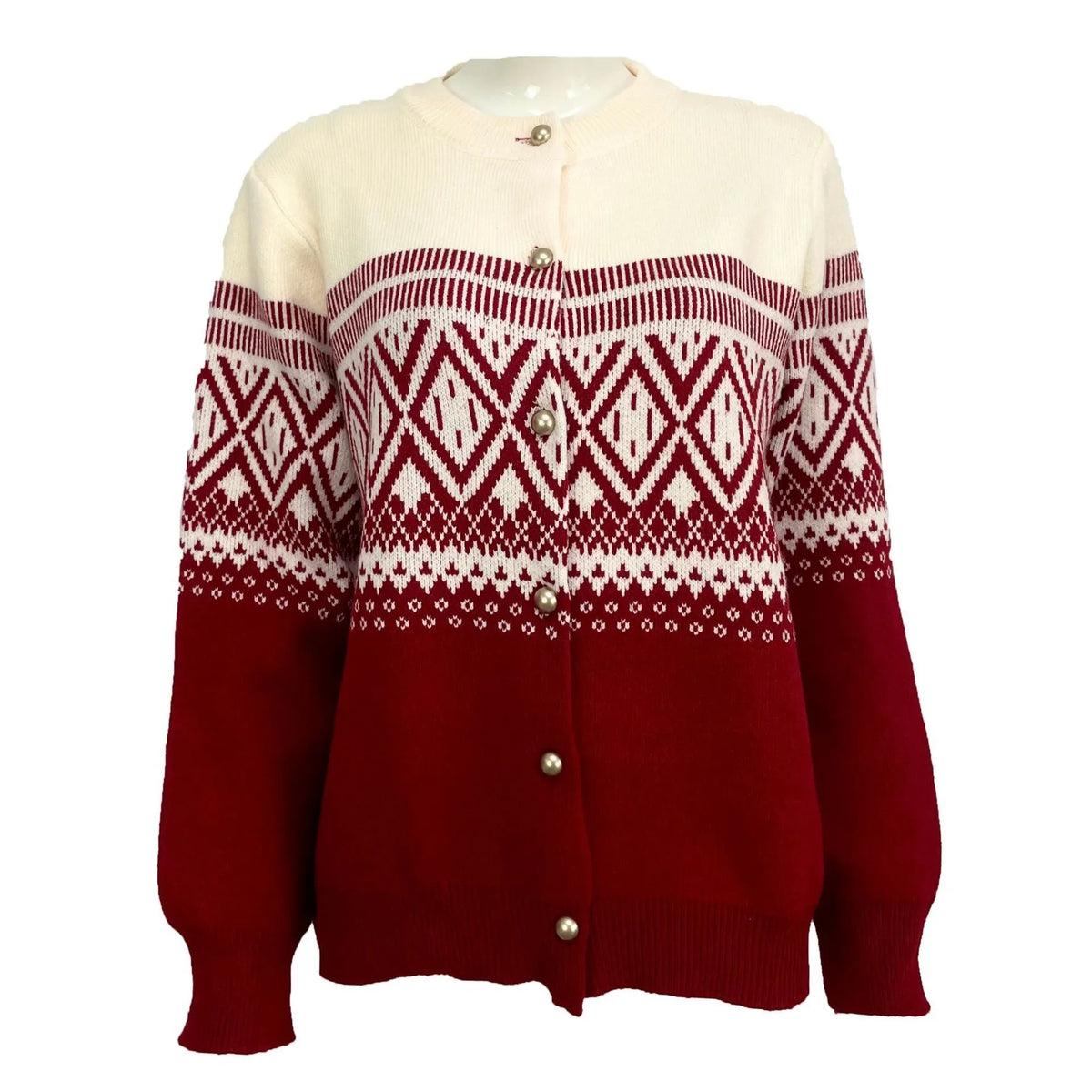 Women's alpaca wool cardigan with diamond knit pattern in contrast red, grey, or pink colours