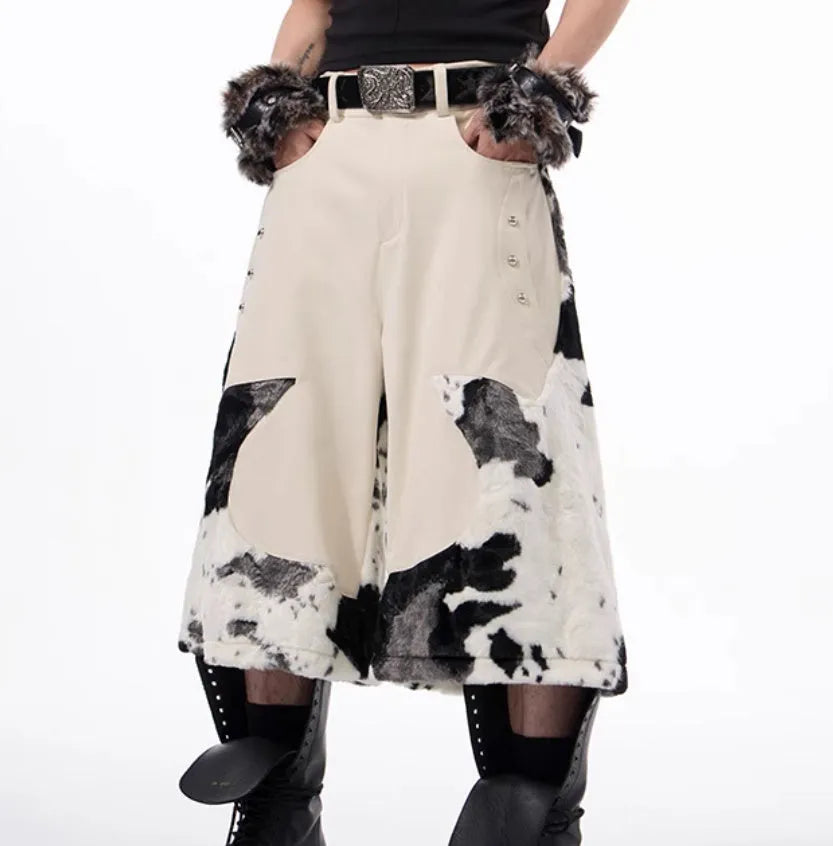 Milk fibre stitch-fur cropped trousers in a personalised pattern design, shown in size L.