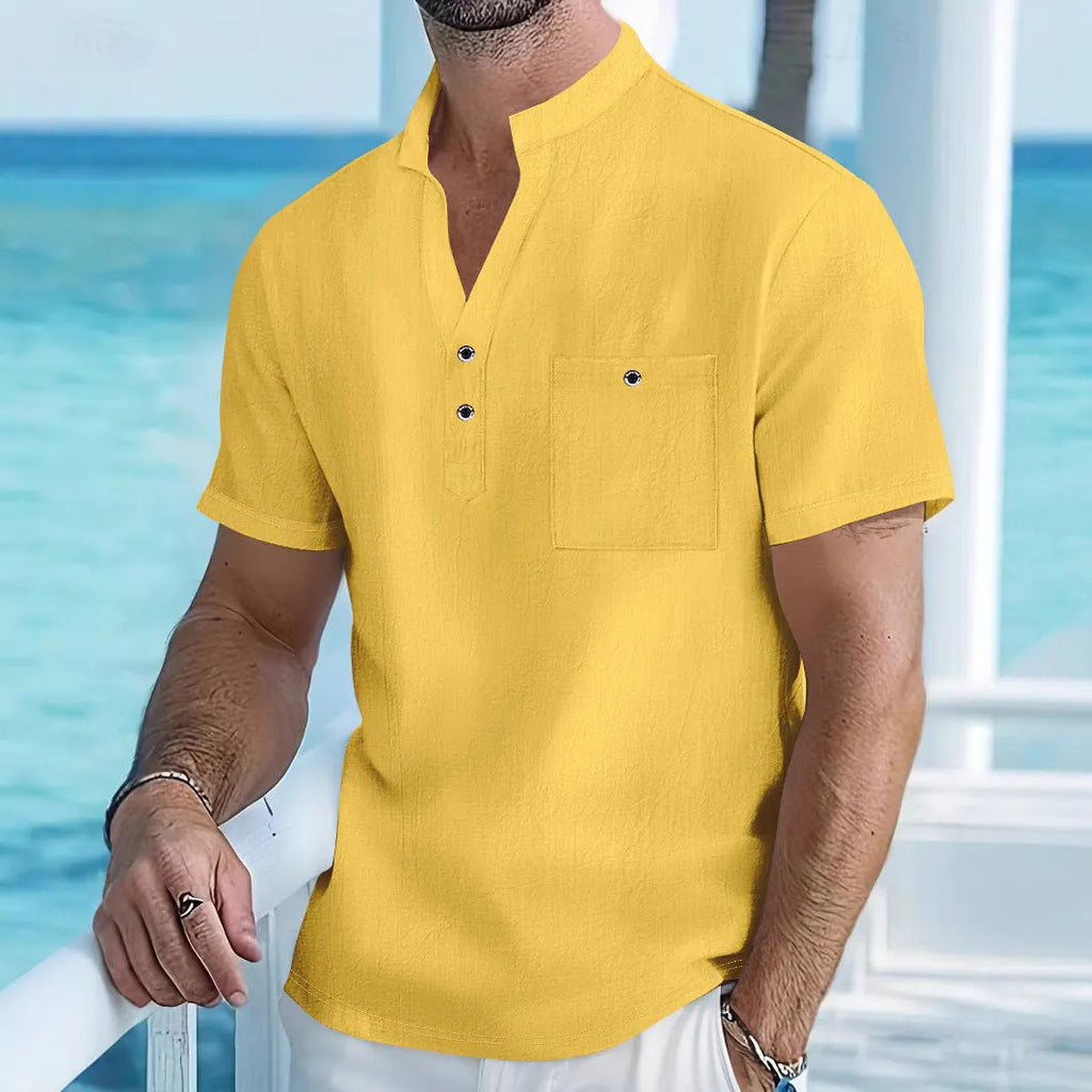 Men's stand collar linen short sleeve shirt in loose fit available in multiple solid colours