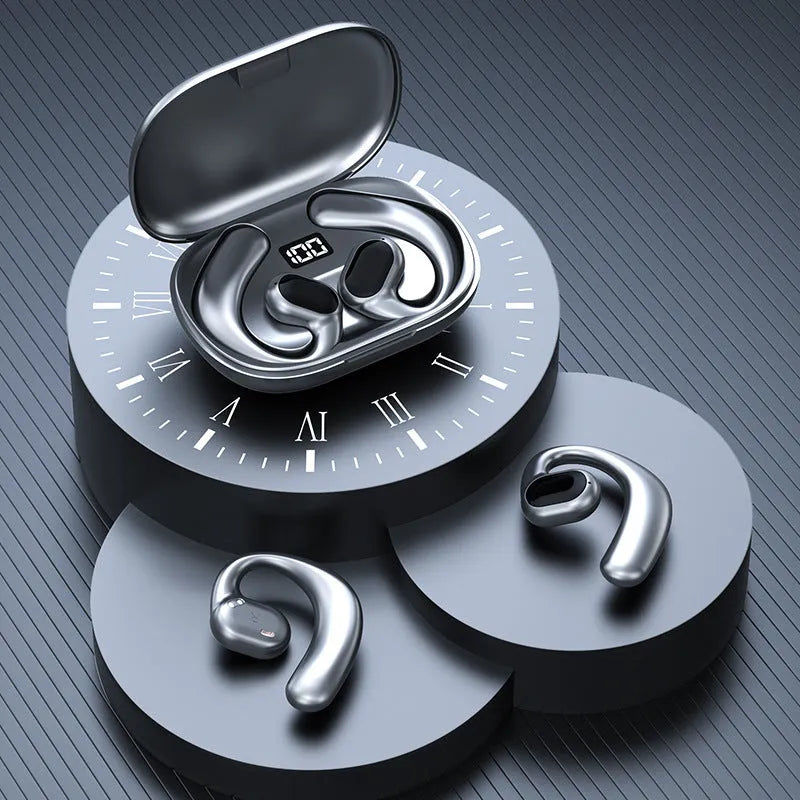 Black and white ear-mounted Bluetooth headset with digital display screen showing non in-ear design