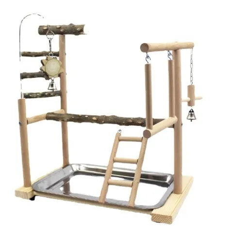 Natural pepper wood parrot toy stand with multiple platforms and a pole for accessories.
