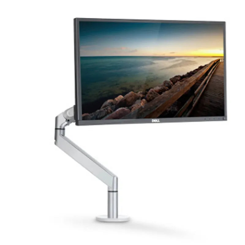 Black aluminium Free Hover adjustable laptop stand mounted on a desk edge, holding a silver notebook.