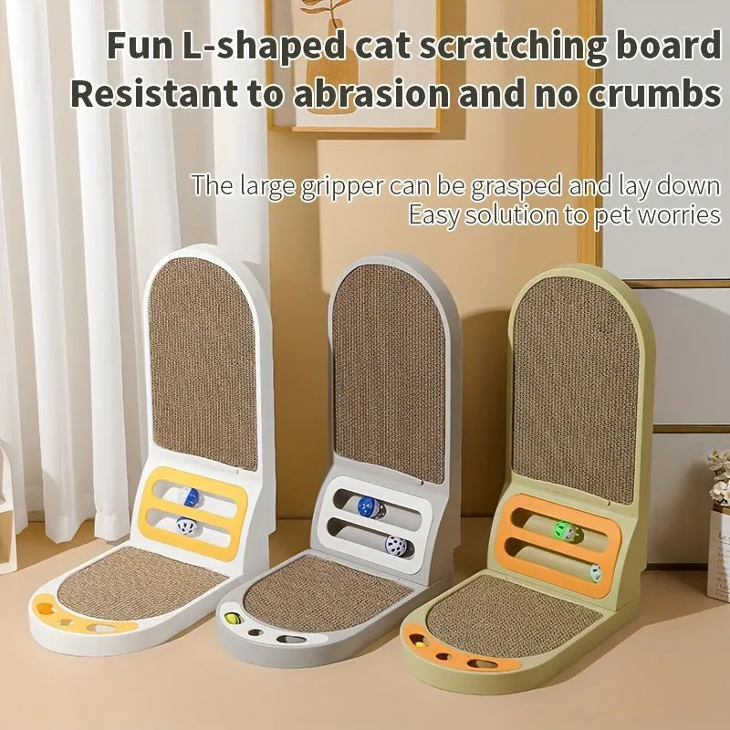 Grey L-shaped vertical cat scratching board with a sisal fabric surface placed in a room corner.