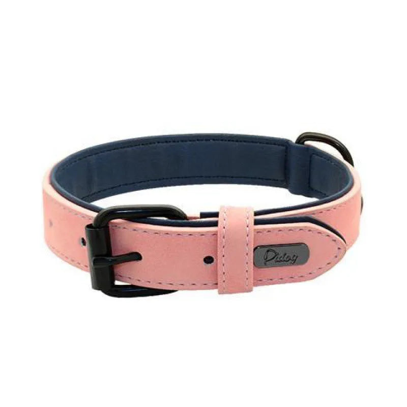 Adjustable double-layer dog collar in purple, showing PU front and microfiber back, with a buckle.