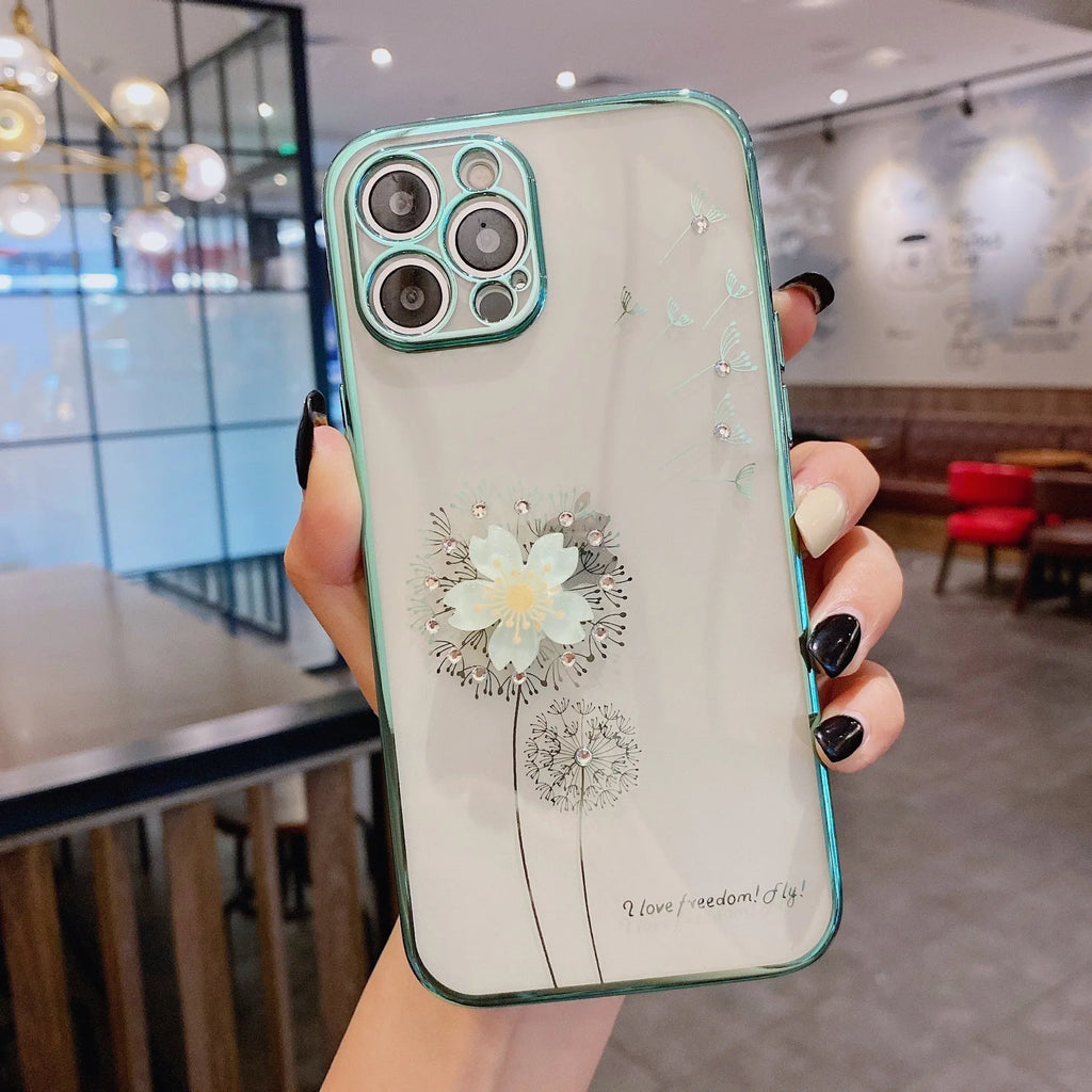 Green TPU iPhone case with a floral design and built-in screen protector shown on an iPhone.