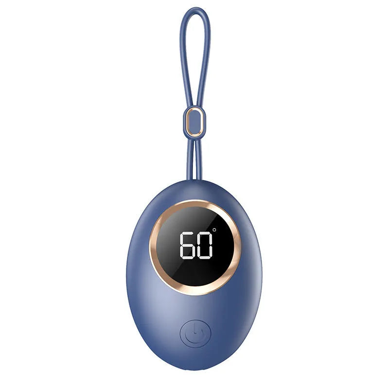 USB-powered hand warmer power bank with digital display showing aluminium heat dissipation surface in multiple colour options