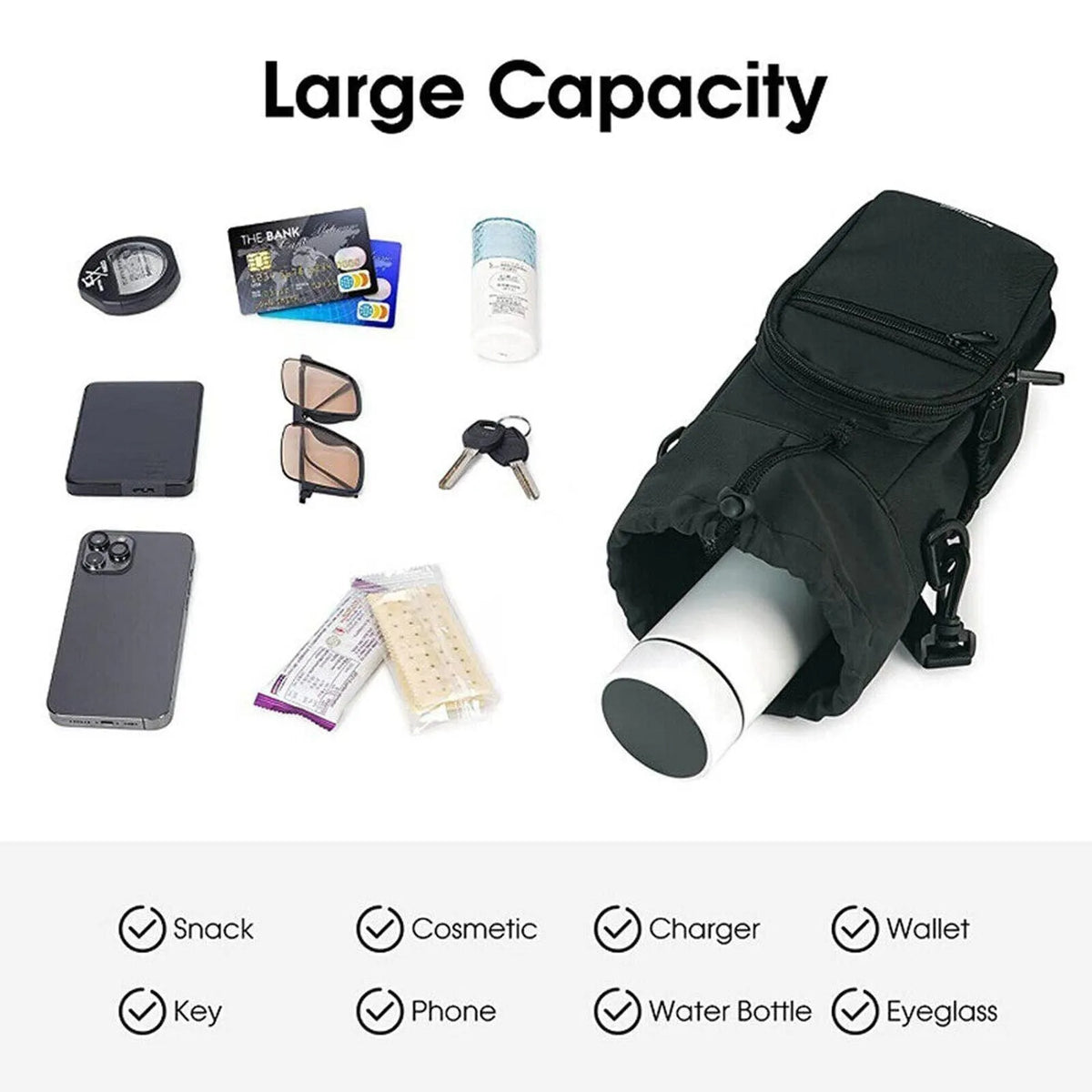 Cloth water bottle pouch crossbody shoulder bag in black, green or pink colour options